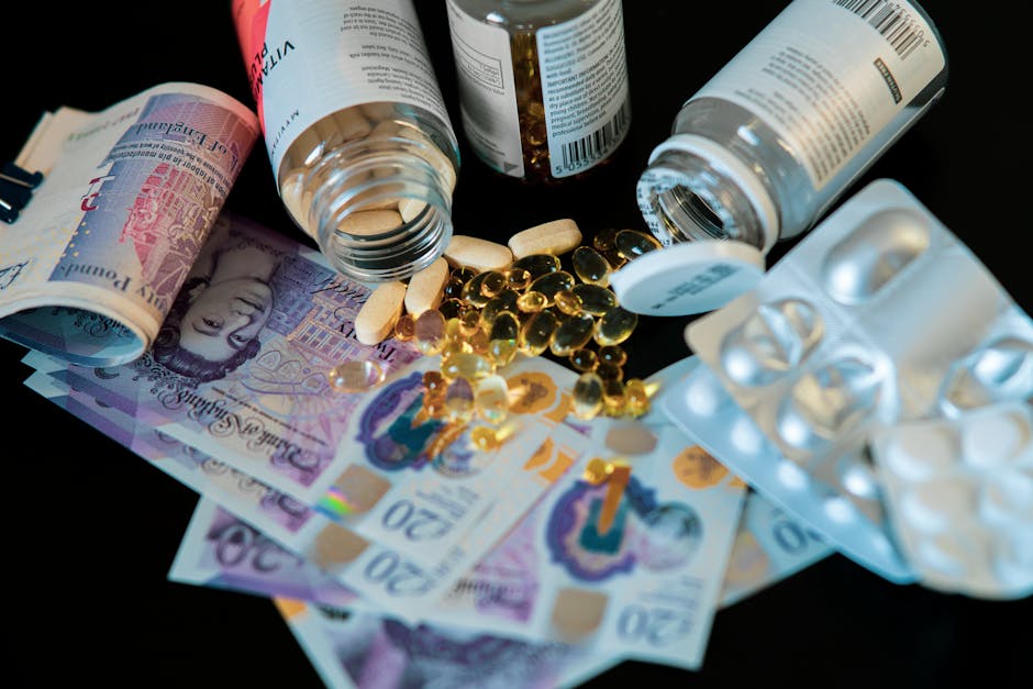 A close-up view of a collection of health supplements and medication bottles, with various tablets, capsules, and softgel vitamins spilling onto scattered £20 and £50 British banknotes, set against a 